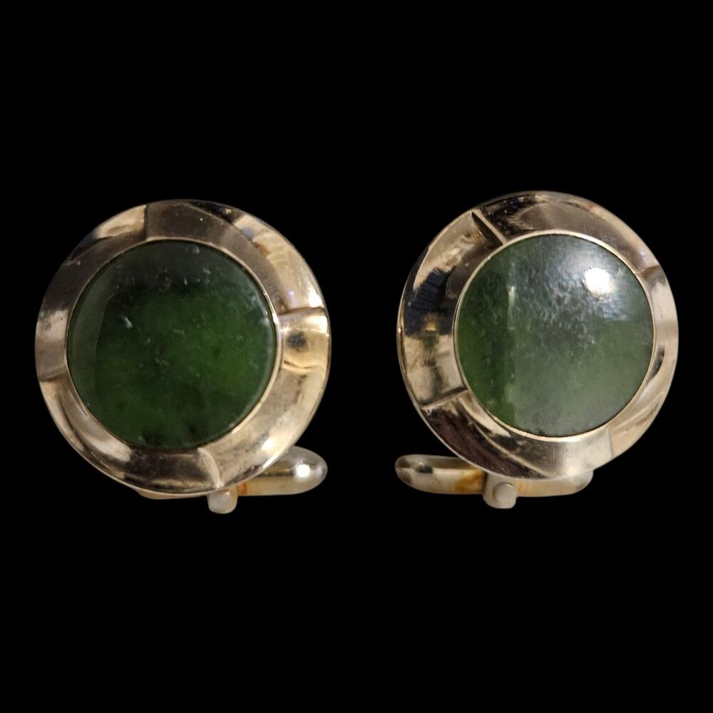 Swank Green Jade Nephrite Stone Gold Tone Round Cufflinks Vintage